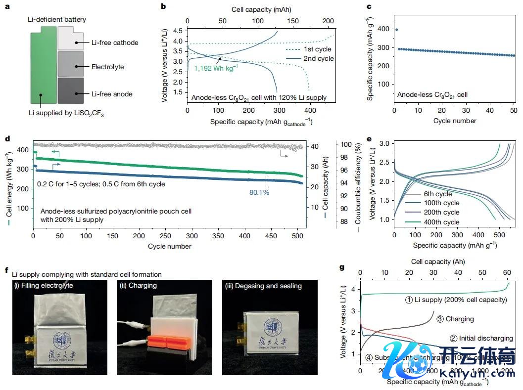 图4. 缺锂电板的轮回性能和能量密度。